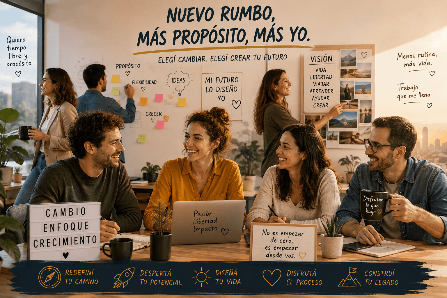 Adultos en una mesa de trabajo con frases sobre propósito, cambio y nuevo rumbo profesional